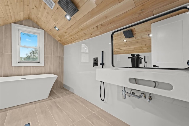 475 Algonquin St, Detroit, MI 48215 - full bathroom featuring tiled shower, a soaking tub, lofted ceiling, and wood ceiling