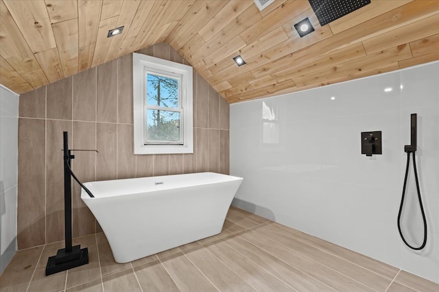 475 Algonquin St, Detroit, MI 48215 - full bathroom featuring a tile shower, a freestanding tub, wood ceiling, and vaulted ceiling