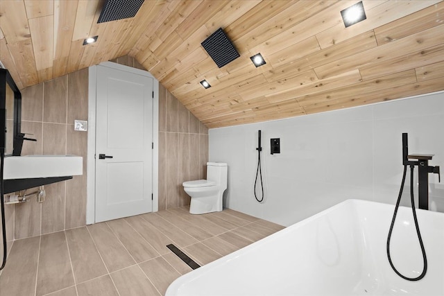 475 Algonquin St, Detroit, MI 48215 - full bathroom with wooden ceiling, a freestanding tub, lofted ceiling, and toilet