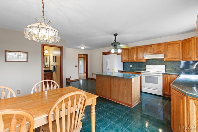 11160 W Ridgeville Rd, Morenci, MI 49256 - kitchen featuring white appliances, under cabinet range hood, a center island, and backsplash