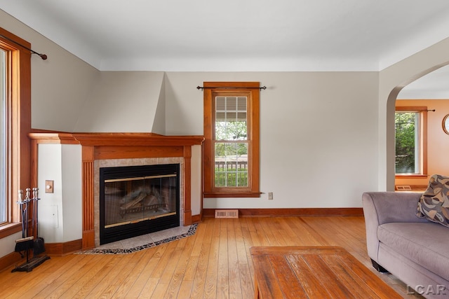 11160 W Ridgeville Rd, Morenci, MI 49256 - living room featuring wood-type flooring, arched walkways, baseboards, and a tile fireplace