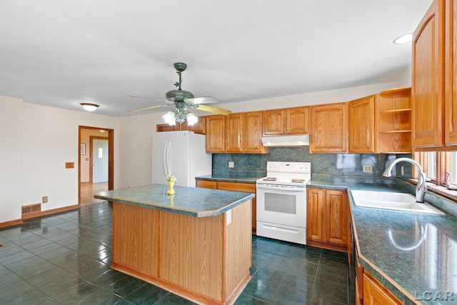 11160 W Ridgeville Rd, Morenci, MI 49256 - kitchen with white appliances, under cabinet range hood, a sink, open shelves, and a center island