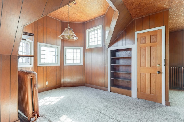 bonus room with radiator heating unit, carpet, wood walls, and baseboards