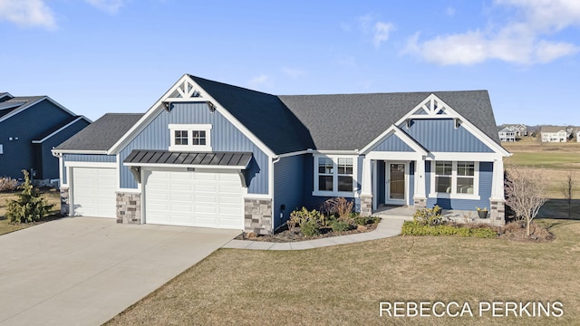 4497 Point Superior Ct, Holland, MI 49424 - modern inspired farmhouse with board and batten siding, driveway, a front lawn, stone siding, and a garage