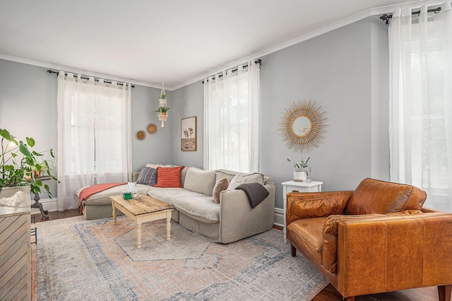 living room with wood finished floors, crown molding, and baseboards
