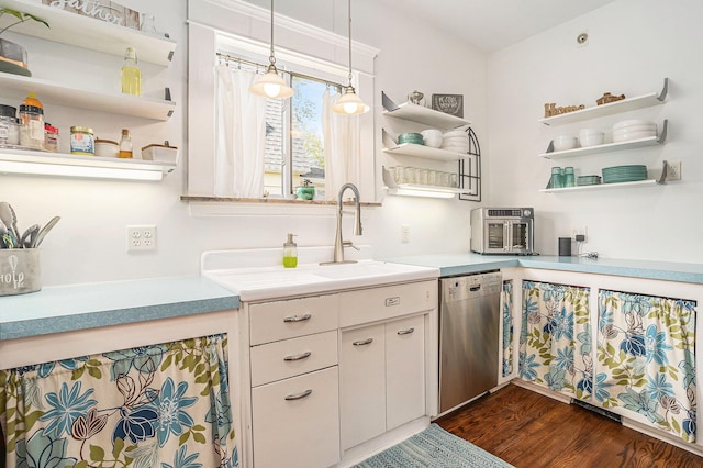 kitchen with open shelves, stainless steel dishwasher, a sink, and dark wood-style floors