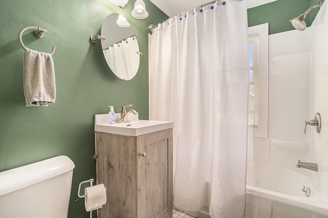 full bathroom featuring shower / bath combo, toilet, vanity, and tile patterned flooring