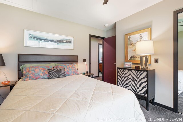 carpeted bedroom with ceiling fan