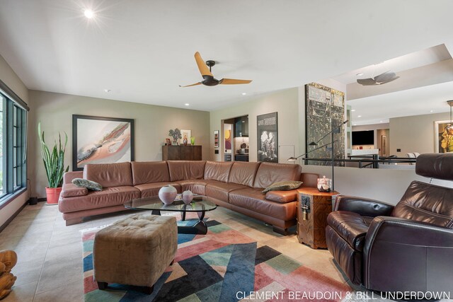 tiled living area featuring ceiling fan and recessed lighting