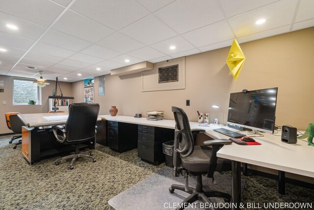 home office with a drop ceiling and recessed lighting