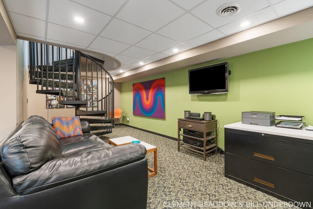 living area with a paneled ceiling, stairs, carpet, baseboards, and recessed lighting