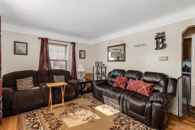 living area featuring arched walkways and wood finished floors