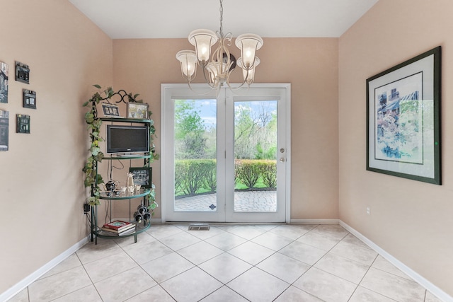 61450 Wedgewood Dr, Washington, MI 48094 - doorway to outside with a chandelier, light tile patterned floors, and baseboards
