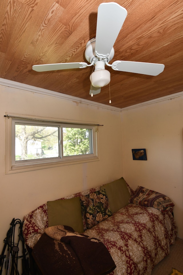 1209 Applewood Dr, White Lake, MI 48386 - bedroom with a ceiling fan, ornamental molding, and wooden ceiling