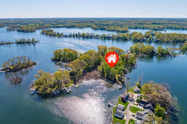aerial view of property and surrounding area with a nearby body of water and a forest