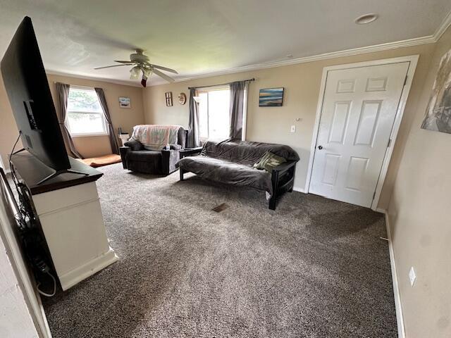 1120 W Montgomery Rd, Camden, MI 49232 - carpeted living area with ornamental molding and ceiling fan