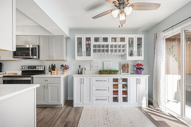 bar featuring stainless steel appliances, ceiling fan, baseboards, and wood finished floors