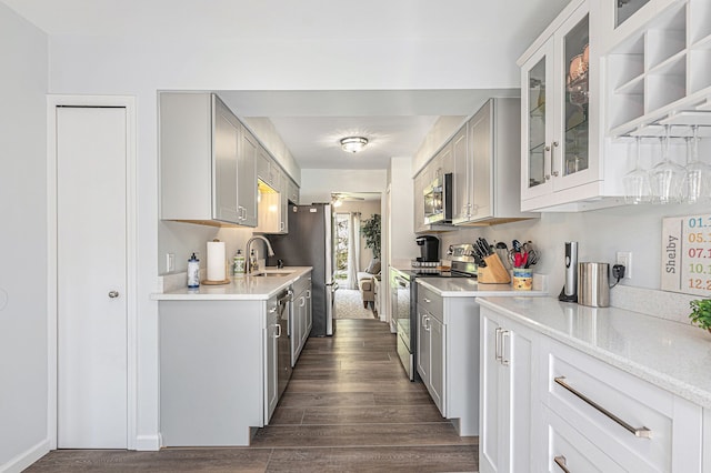 kitchen featuring stainless steel appliances, a sink, dark wood-style floors, and light countertops