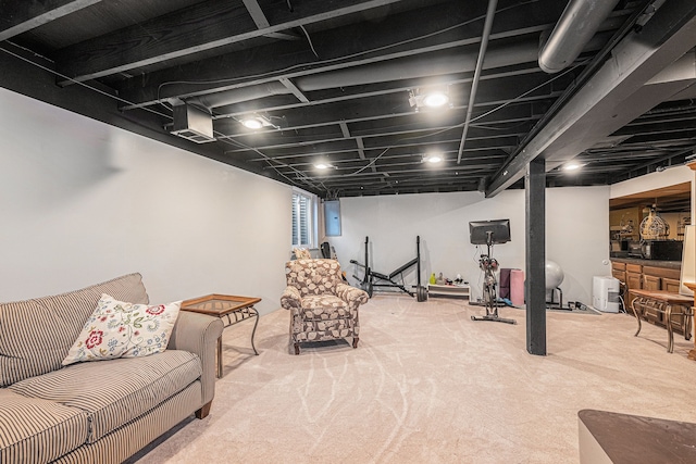 carpeted living room featuring electric panel
