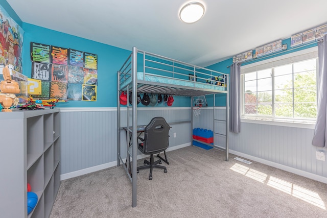 bedroom with carpet and a wainscoted wall