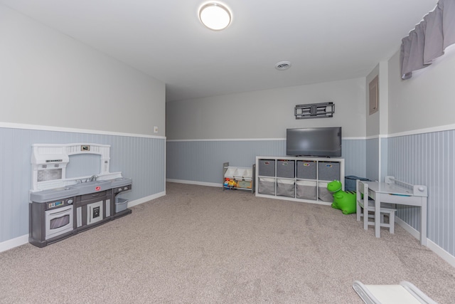 rec room featuring wainscoting and carpet