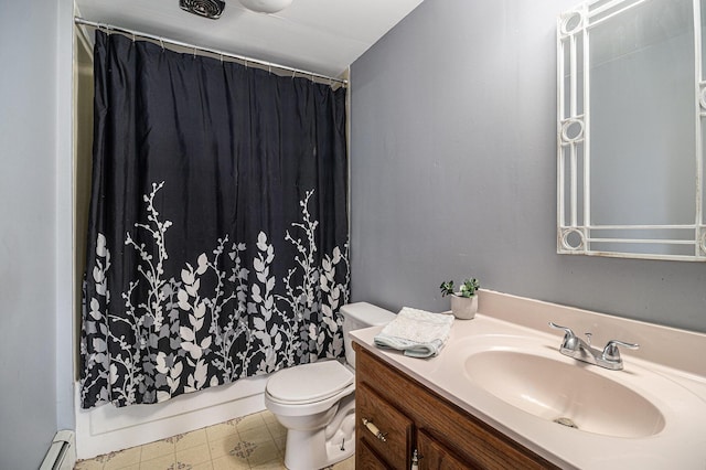 full bathroom featuring toilet, vanity, and a baseboard radiator