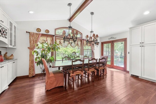 dining space with a chandelier, plenty of natural light, dark wood-style floors, and recessed lighting