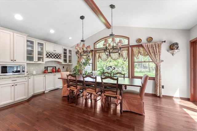 dining space featuring dark wood-style floors, a chandelier, recessed lighting, and baseboards
