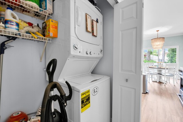 1704 Cassady Place Dr, Plymouth, MI 48170 - clothes washing area featuring stacked washer and clothes dryer and light wood-style floors
