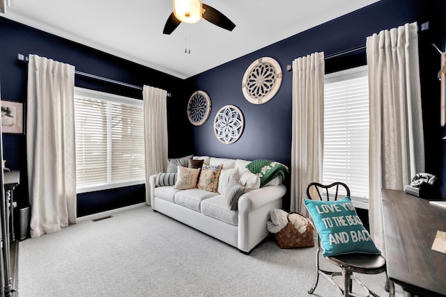 1704 Cassady Place Dr, Plymouth, MI 48170 - living room with ceiling fan, carpet, and baseboards