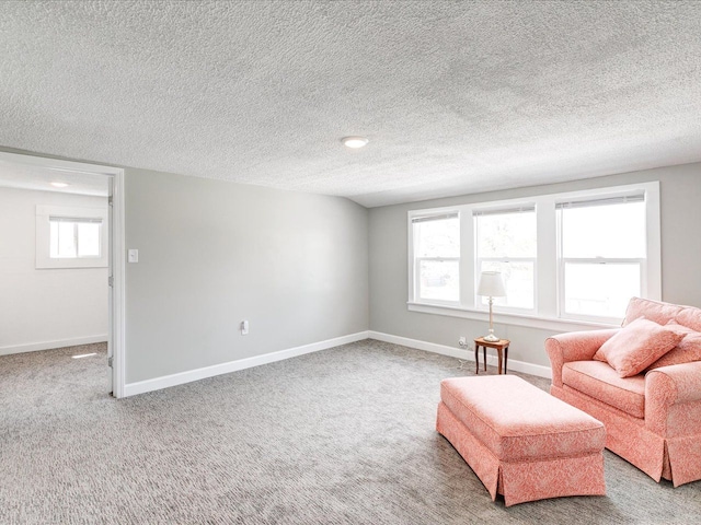 living area with carpet, baseboards, and a textured ceiling