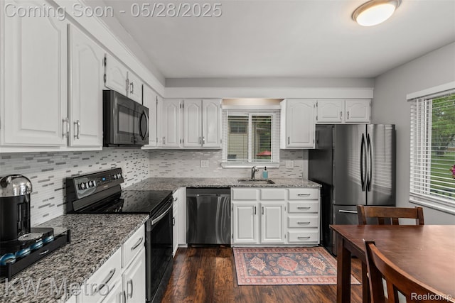 207 Old Perch Rd, Rochester Hills, MI 48309 - kitchen with black appliances, a sink, dark wood-type flooring, stone countertops, and white cabinets