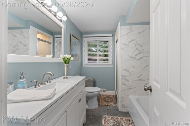 207 Old Perch Rd, Rochester Hills, MI 48309 - full bathroom with toilet, vanity, baseboards, and tub / shower combination