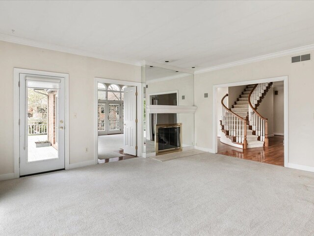 3744 Riverview Ter N, East China, MI 48054 - unfurnished living room with carpet flooring, crown molding, a fireplace, stairway, and baseboards