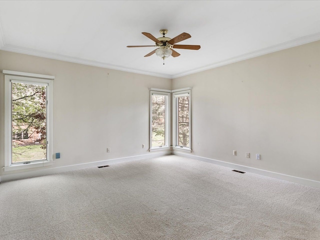 3744 Riverview Ter N, East China, MI 48054 - spare room featuring baseboards, plenty of natural light, a ceiling fan, crown molding, and carpet flooring