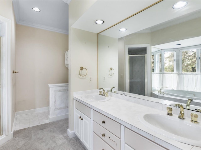 3744 Riverview Ter N, East China, MI 48054 - full bathroom featuring ornamental molding, a stall shower, a bath, baseboards, and recessed lighting