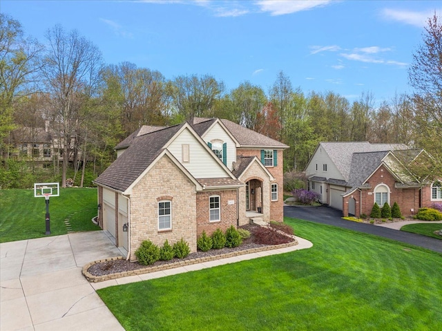 5633 Golf Pointe Dr, Clarkston, MI 48348 - traditional-style house with concrete driveway, a front yard, brick siding, a garage, and a shingled roof
