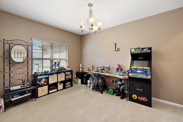 5633 Golf Pointe Dr, Clarkston, MI 48348 - rec room with carpet flooring, a chandelier, and baseboards