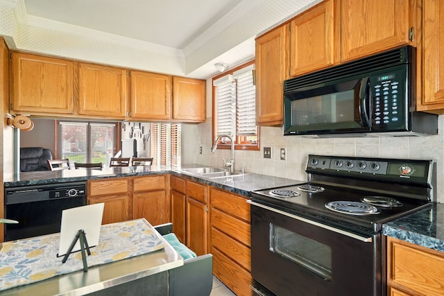 kitchen with black appliances, a sink, crown molding, decorative backsplash, and brown cabinetry