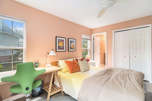 bedroom with a closet, multiple windows, and ceiling fan