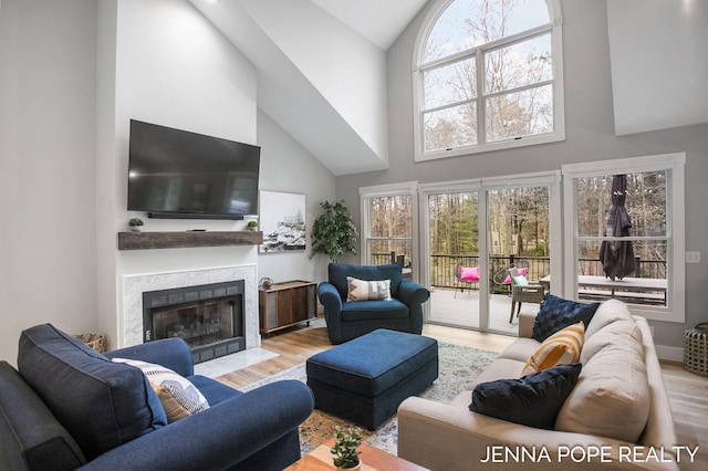 16840 Cricket Ct, Grand Haven, MI 49417 - living room with high vaulted ceiling, wood finished floors, and a premium fireplace