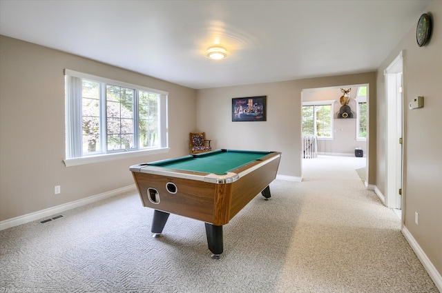 rec room with carpet, pool table, and baseboards