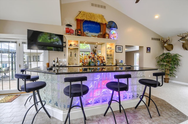 indoor bar featuring high vaulted ceiling, healthy amount of natural light, and baseboards
