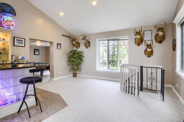 game room featuring carpet flooring, recessed lighting, vaulted ceiling, baseboards, and pool table