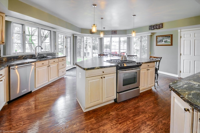 kitchen with stainless steel appliances, a sink, healthy amount of natural light, and dark wood-style flooring