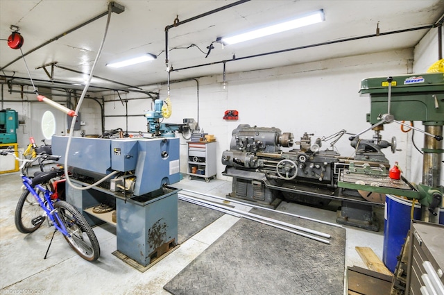 garage with a workshop area