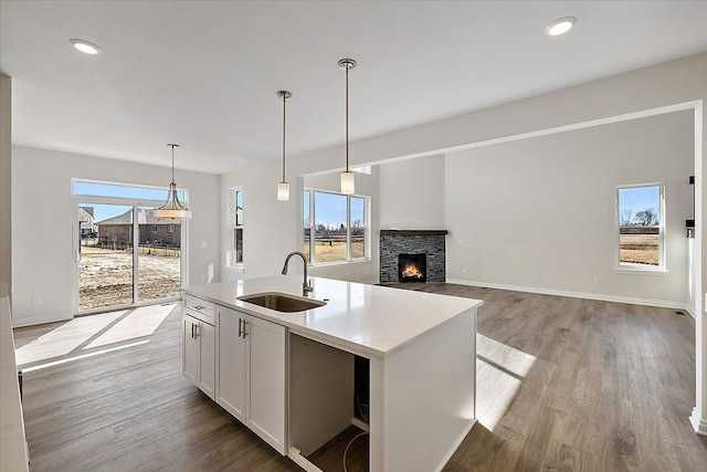 kitchen featuring a sink, a lit fireplace, healthy amount of natural light, light wood finished floors, and recessed lighting