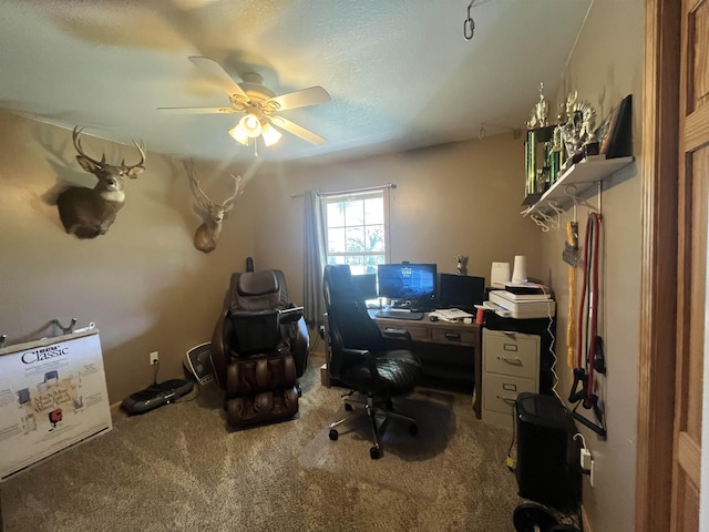 home office featuring carpet flooring, a ceiling fan, and a textured ceiling