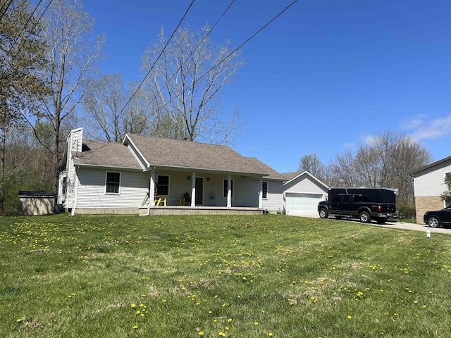 ranch-style home featuring covered porch, a front lawn, a chimney, and roof with shingles