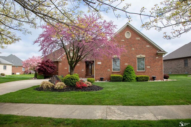 view of front of property featuring brick siding and a front yard